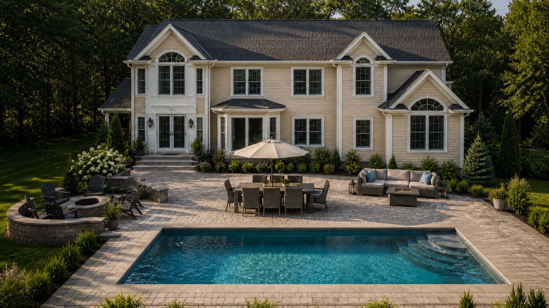 Wayland, MA home with patio, pool and lawn under weekly care by GOAT Hardscape